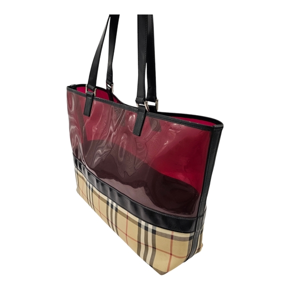 BURBERRY Nova Check Tote Bag Coated Canvas Vinyl Beige Red - Picture 6 of 16